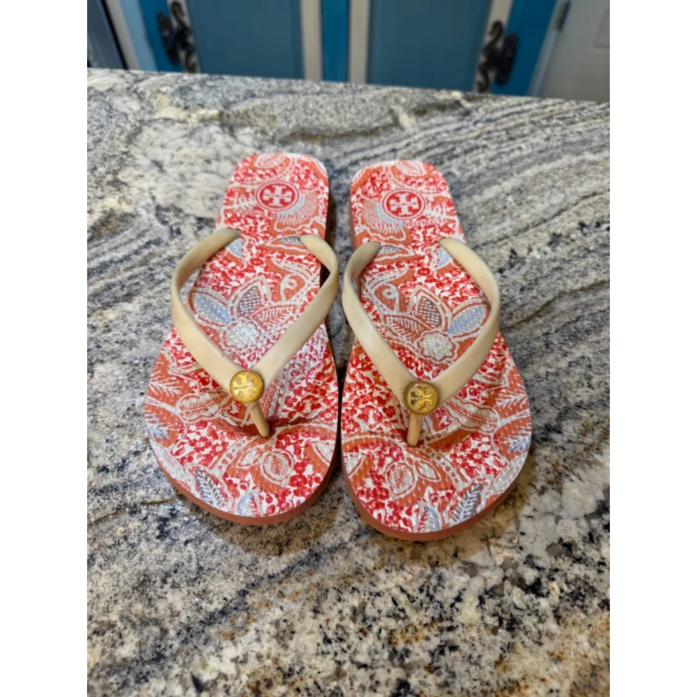 Women's Tory Burch Orange Beige Printed Thin Flip Flop Sandals - Picture 2 of 5